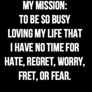 My mission: to be so busy loving my life that I have no time for hate, regret, worry, fret, or fear. #Life #Quotes